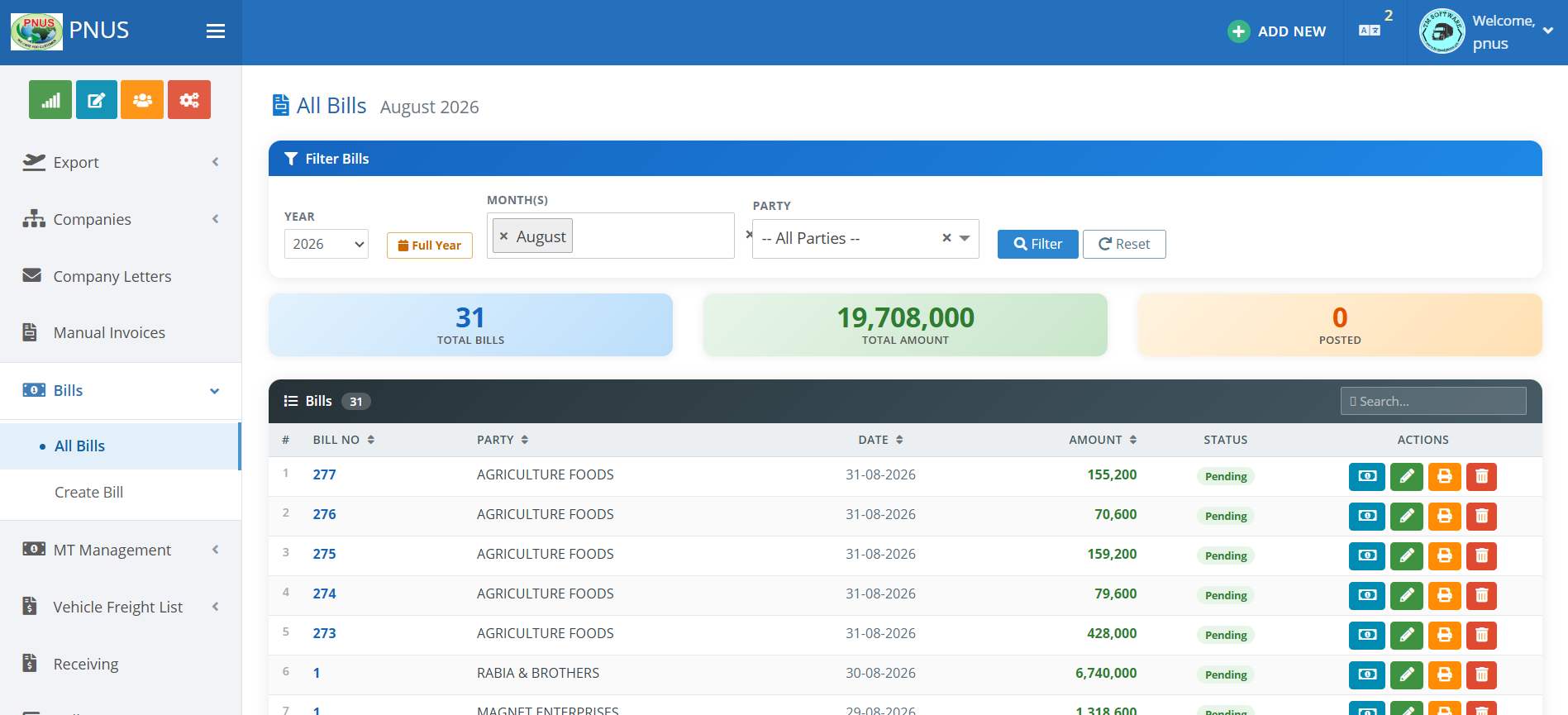 BiltyPro all bills, filtered by year, month, and party