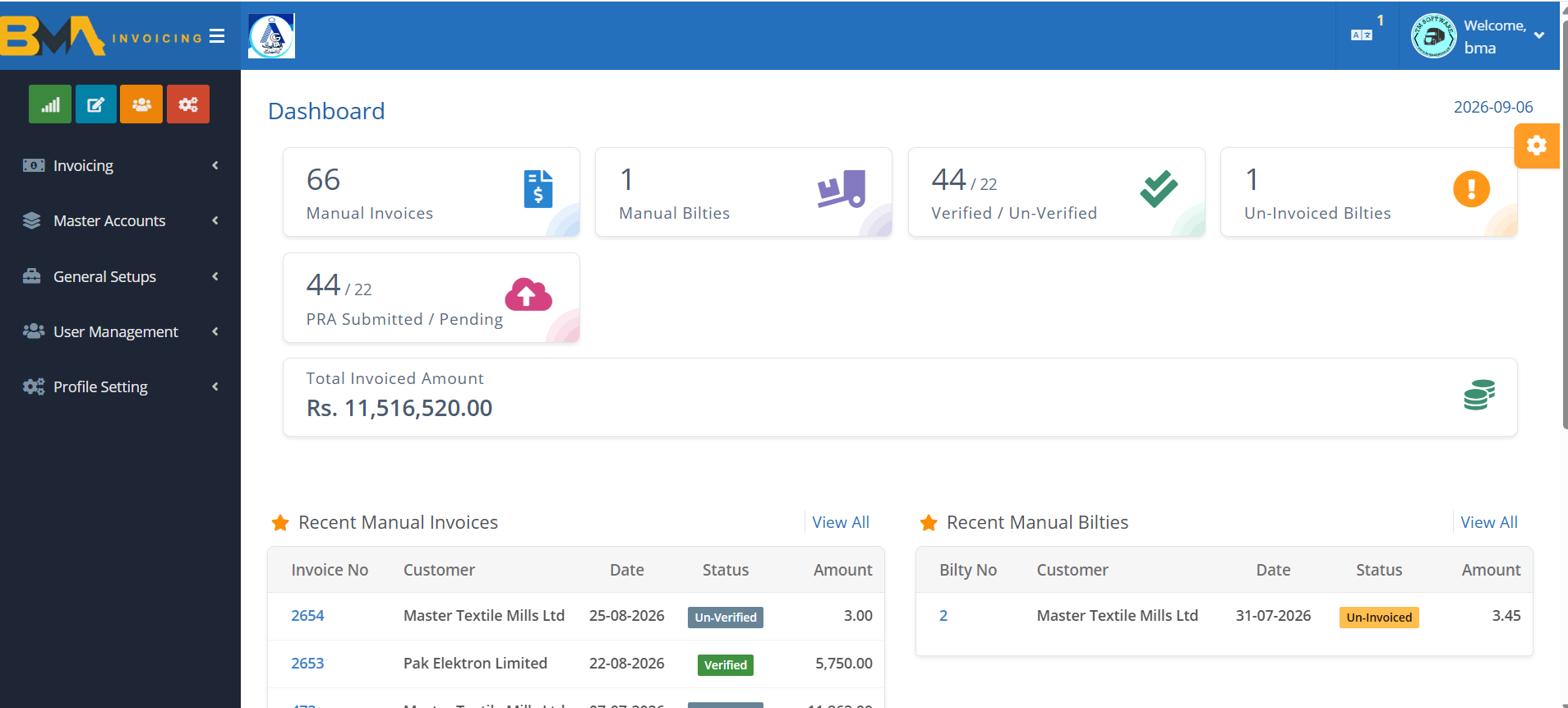 BiltyPro dashboard showing invoices, bilties, and PRA submission status