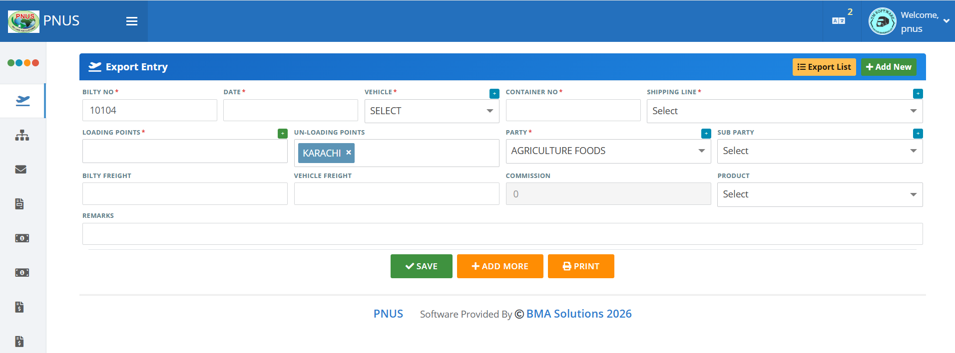 BiltyPro export entry — bilty, vehicle, container, and party details