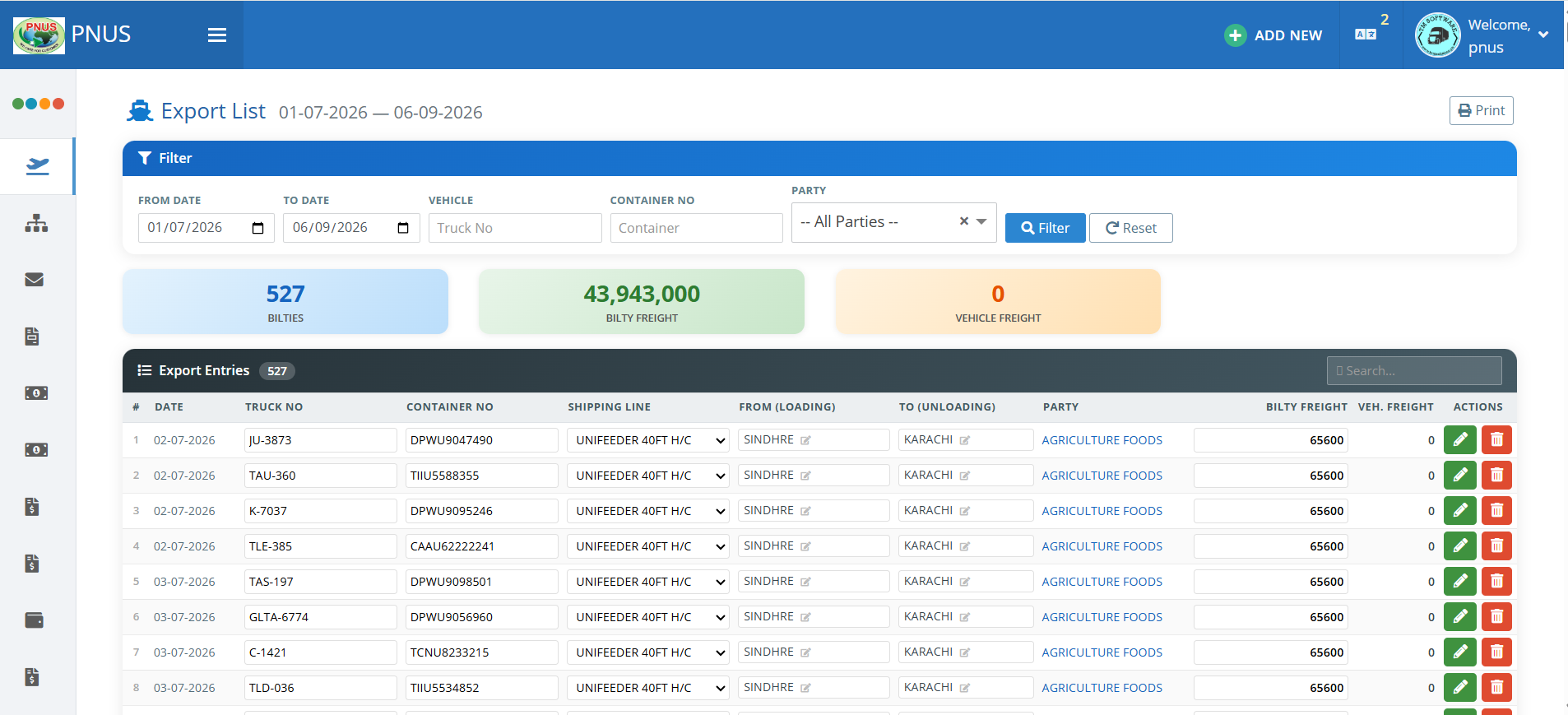 BiltyPro export list with filters and bilty/freight totals