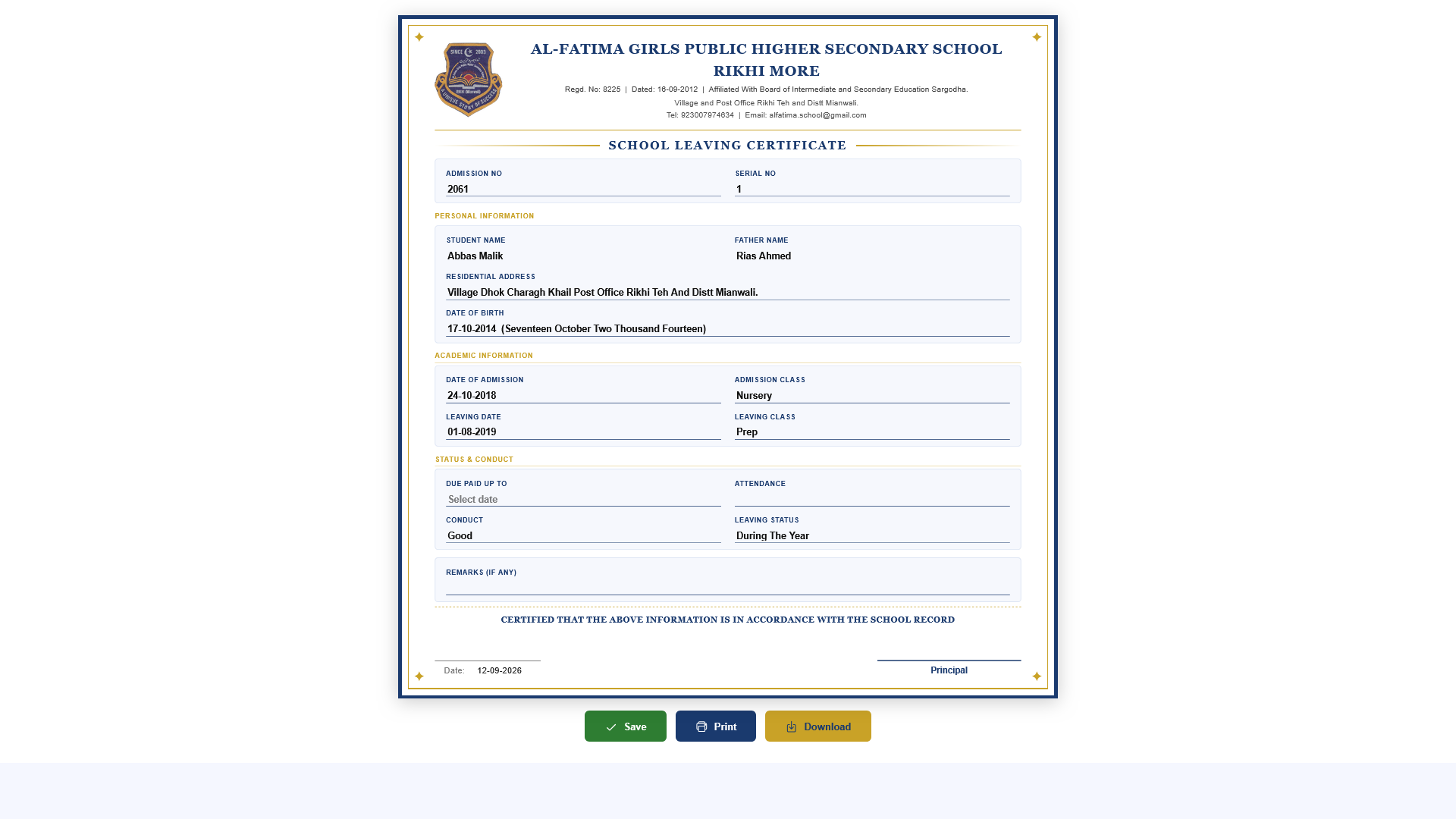 Generated school leaving certificate for a student