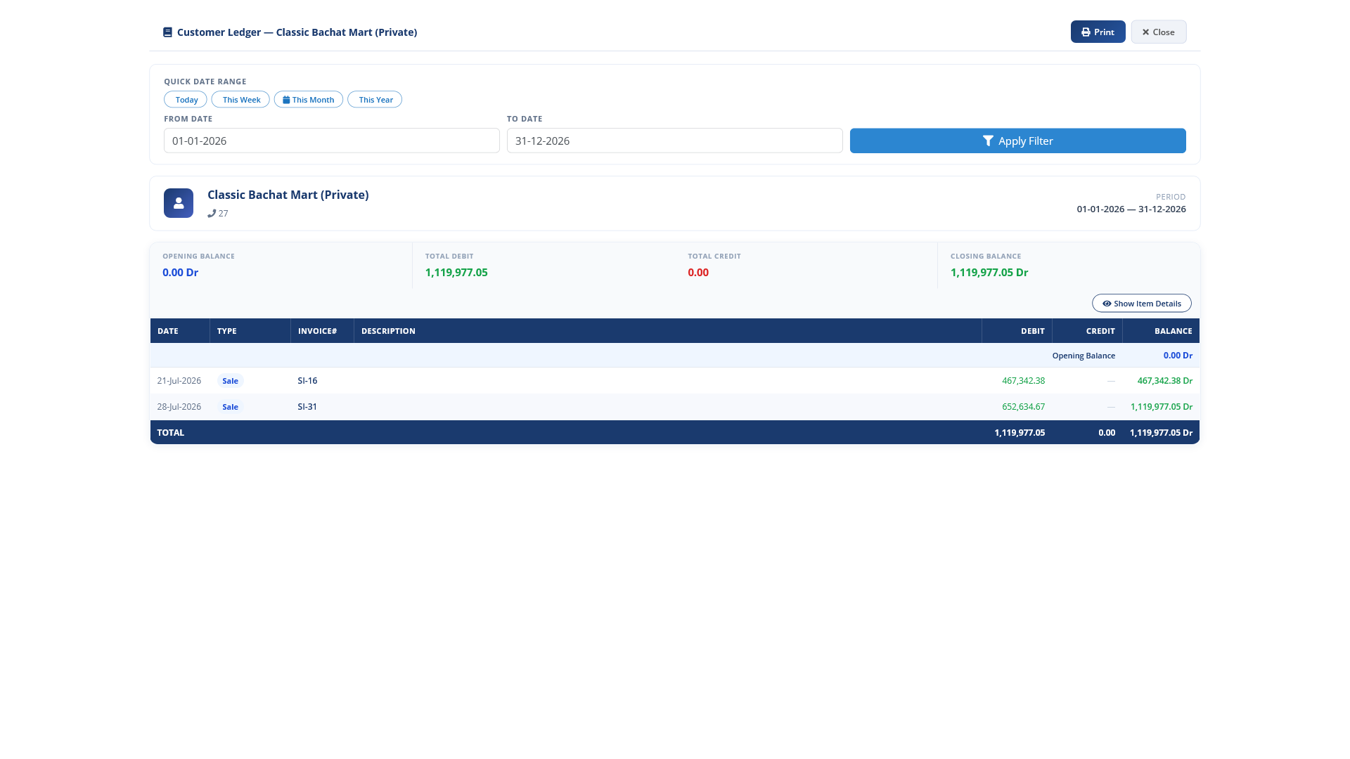 Customer ledger with opening balance, debits, credits, and closing balance