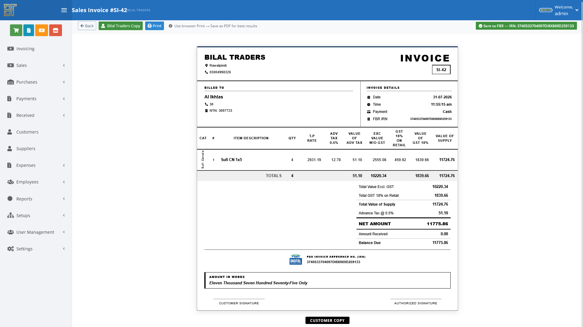 Sales invoice sent to FBR, with digital invoicing IRN reference number