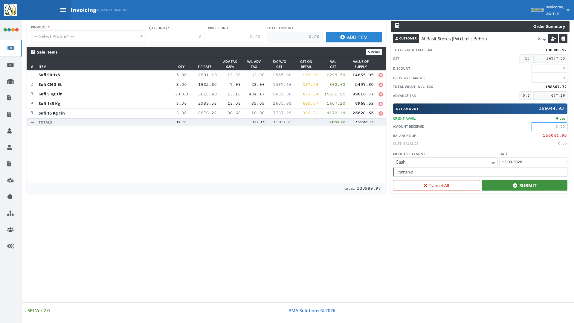 Distributor invoicing — sale items with GST, advance tax, and value of supply