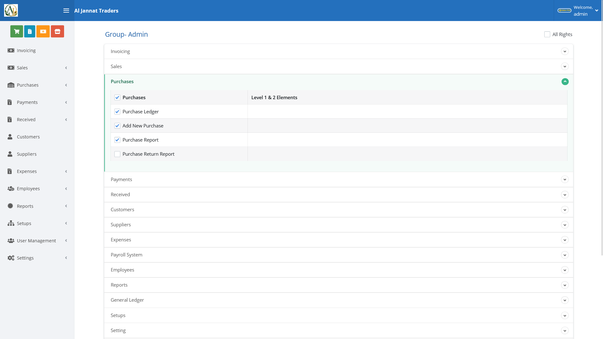 Role-based permissions for purchases, sales, and other modules