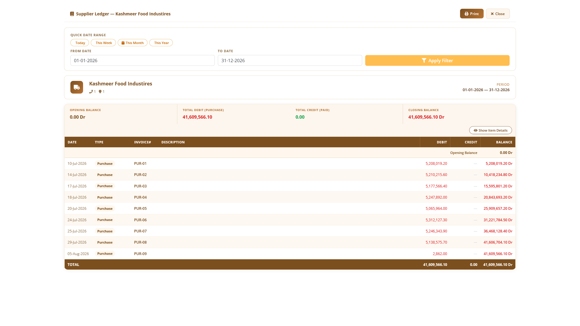 Supplier ledger with purchase history and running balance