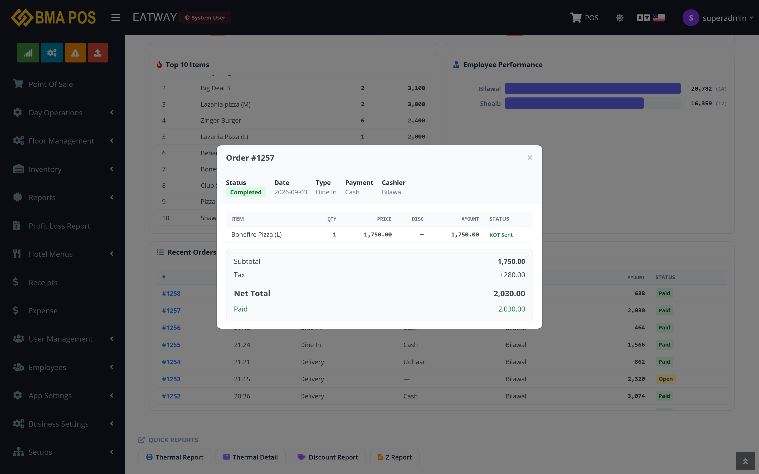 Alternate dashboard view with sales totals and payment breakdown