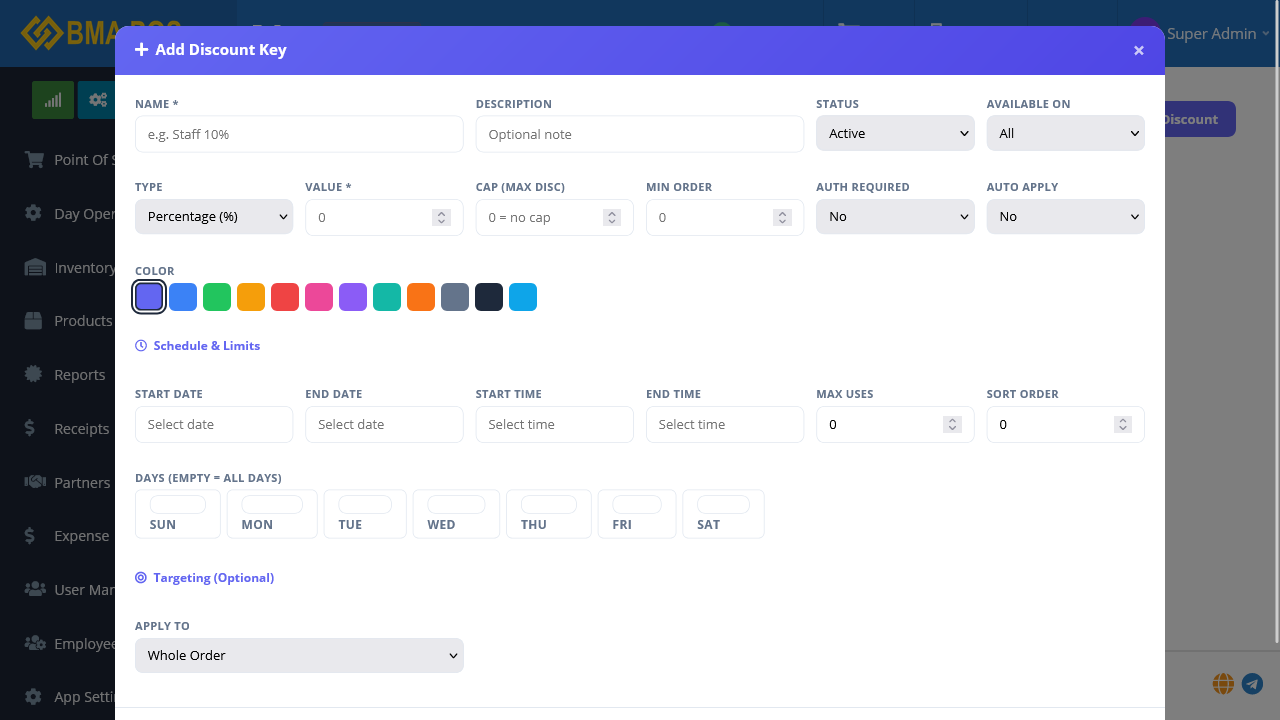 Discount key setup with type, value, schedule, and targeting