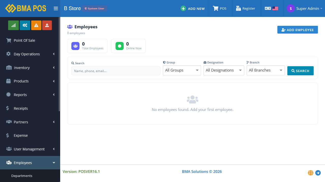 Employee list with groups, designations, and branches