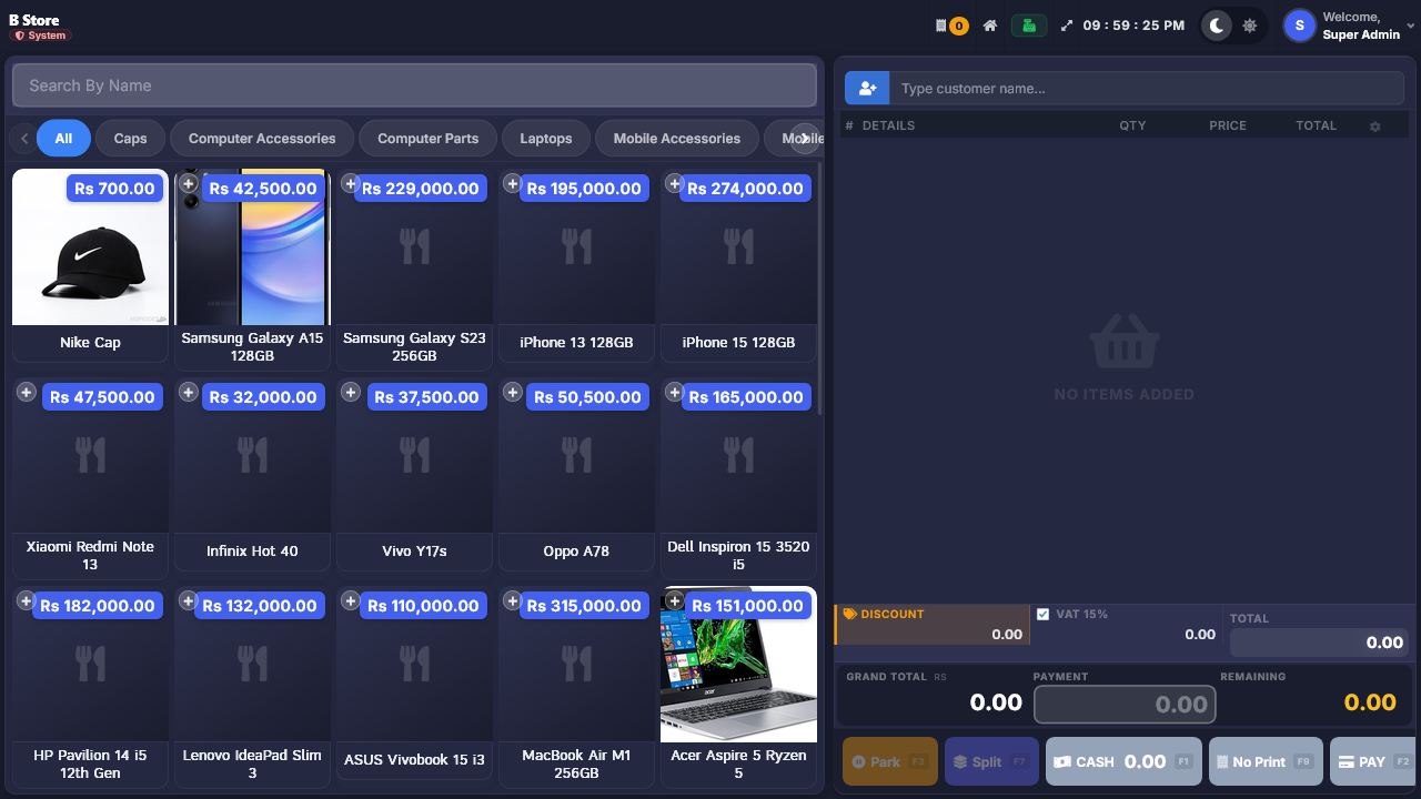 POS terminal with product catalog, categories, and cart